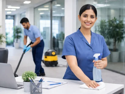 Professional housekeeping staff cleaning modern office