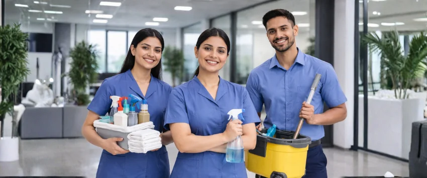 Multiple housekeeping staff, Looking at camera Smiling, confident expressions Corporate office background Professional uniforms Commercial IFM style