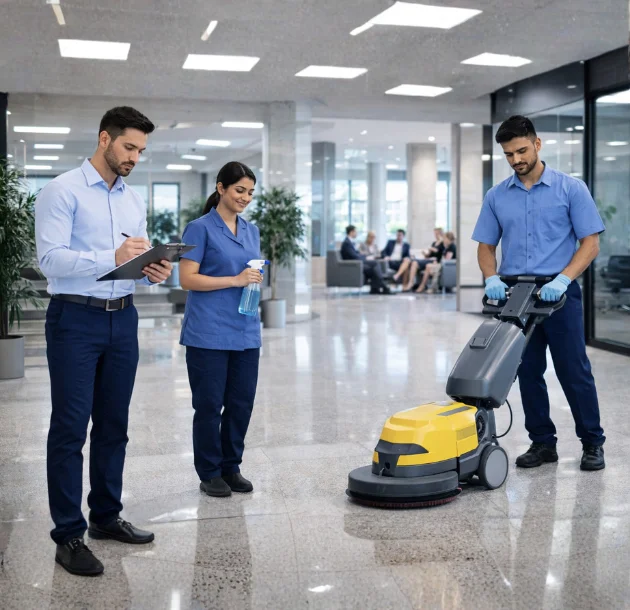 Housekeeping supervisor inspecting staff Team cleaning corporate lobby Mechanized floor scrubbing Professional uniformed staff