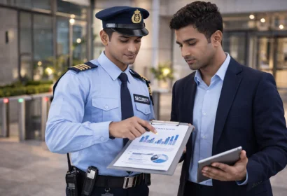 security guard and employee talking about business photo