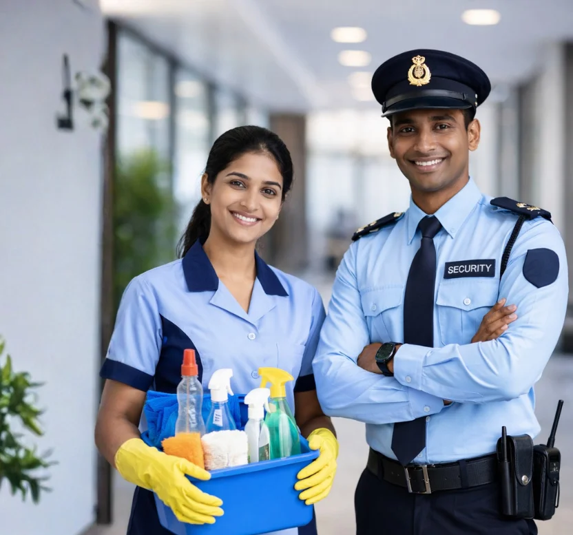housekeeping service girl and an security guard together